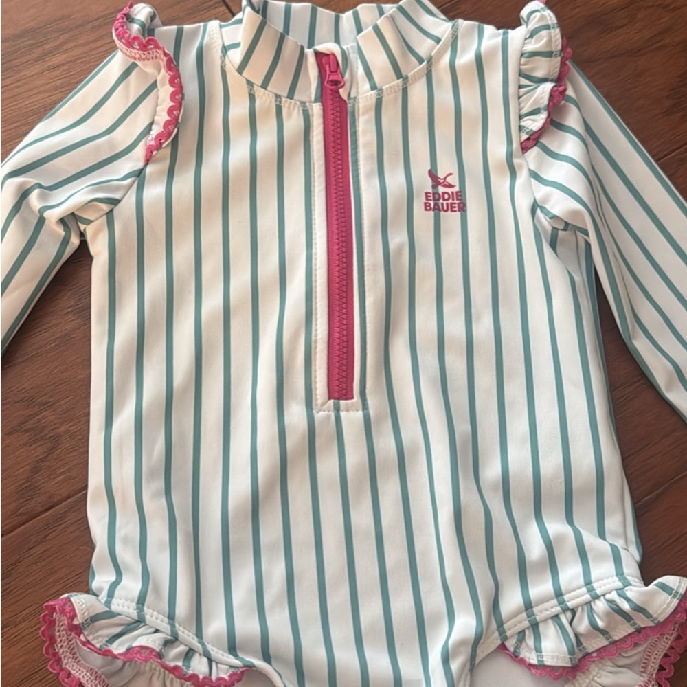 Eddie Bauer Baby Swimsuit with Teal Stripes and Pink Trim